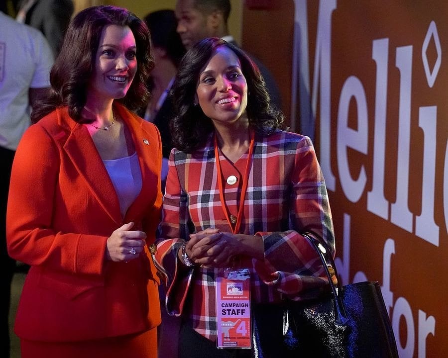 POPSUGAR: Olivia and Mellie's relationship has also gone through a massive overhaul on Scandal this season — would you say their friendship is genuine, or one borne out of necessity? 
Bellamy Young: I really believe it to be genuine. Kerry [Washington] and I have talked all through these years about how sad we are that Mellie and Olivia never got the chance to be friends, because they have so much in common, and DC can be such a crucible. True friends are few and far between, but they had Fitz as a lever between them, so they could never be on the same page, or easily in the same room. Now that they're both post-Fitz, to some degree or another, it's left room for that warmth to really come in. 
PS: What has it been like for your character to suddenly shift gears and be on the same side as Olivia for once?
BY: We've had so much fun this year, so much fun doing the scenes as Kerry and Bellamy, but also so much release as Liv and Mellie, to be able to lean on someone. Neither one of them has a person that they can really, actually lean on. They've both been through the fire, and have similar experiences and such shared history, that there's a lot of ease at this point now, and camaraderie. But life is like that, right? Life is complicated, and love is complicated, and I think those characters really have great, great love between them, and are smart enough women to transcend the pettiness of their history. I think they're both beyond that chapter, so it's enabled them to be warm and supportive of each other.
PS: Will they continue to be friends in the coming seasons? 
BY: I hope so!