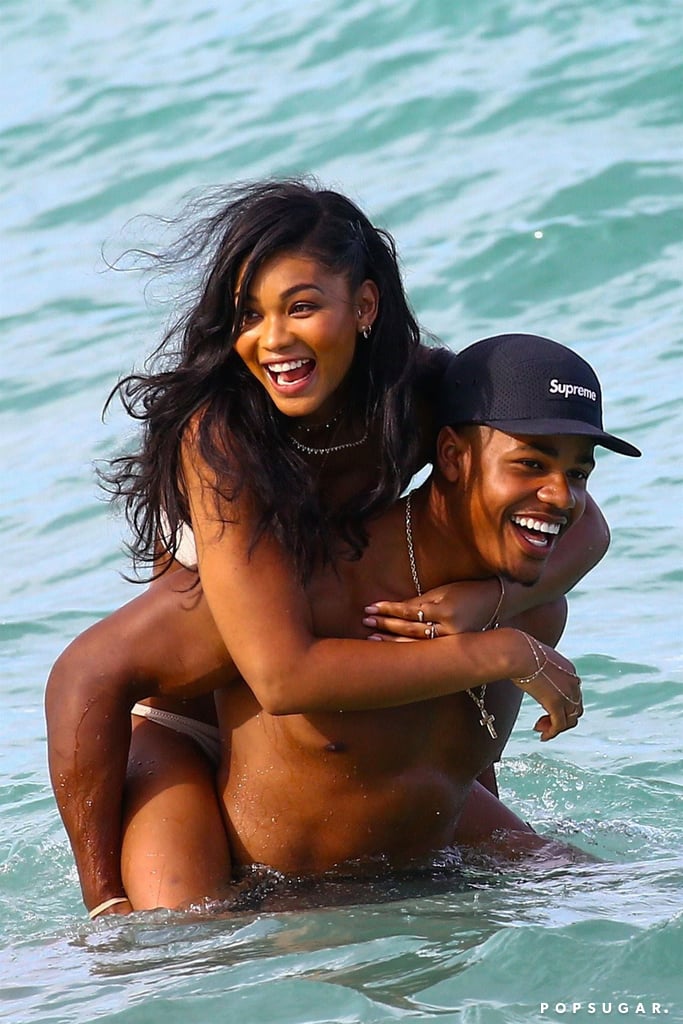 Chanel Iman got a piggyback ride from Sterling Shepard in Miami in June 2017.