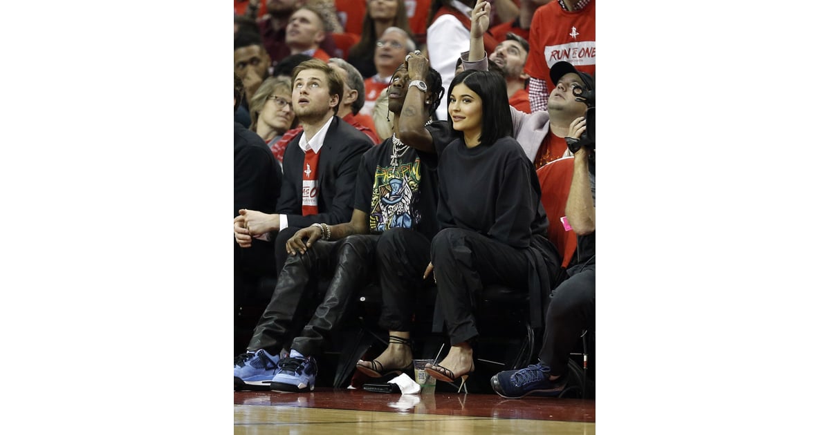 Kylie Jenner in Heels and Sweatpants at a Basketball Game