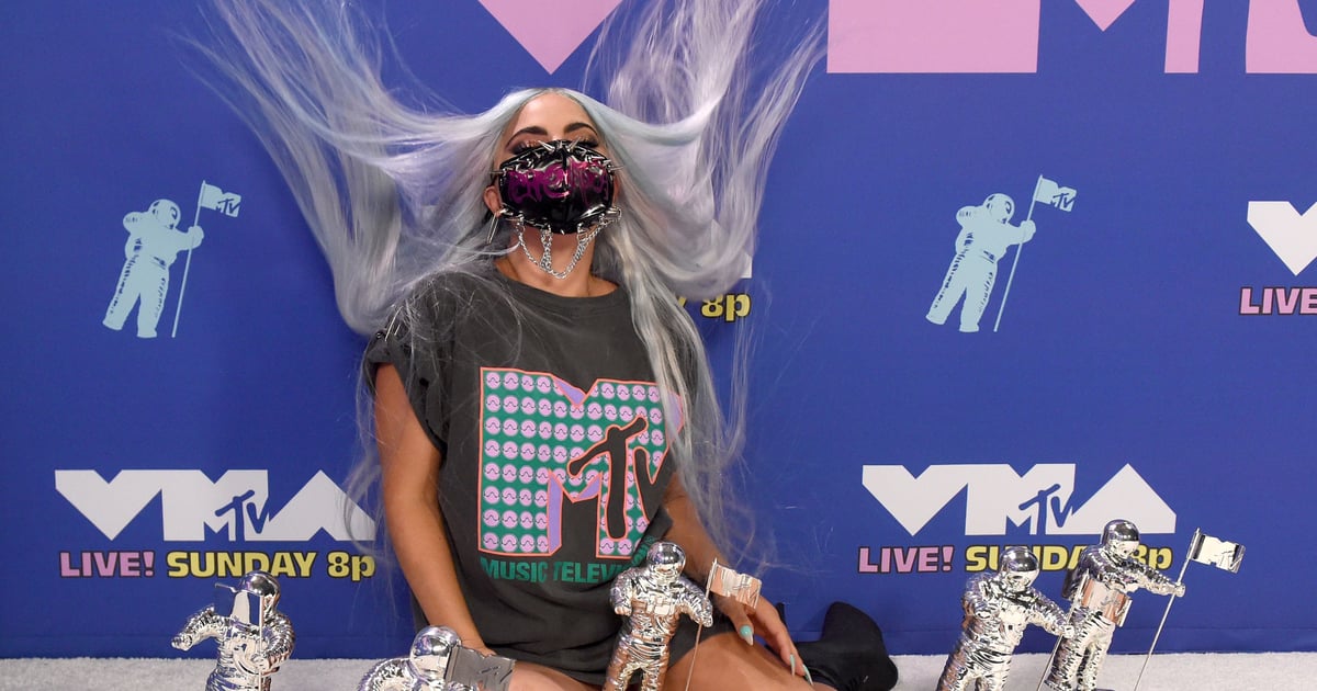 Lady Gaga Defied Gravity in an MTV T-Shirt While Posing With Her 5 Moon Person Trophies