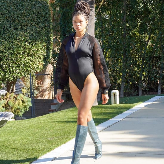 Storm Reid Wearing a Black Ivy Park Bodysuit by Her Pool