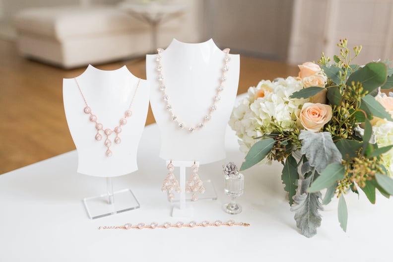 Pick translucent or pearl jewelry to emphasize silver and gold chains.