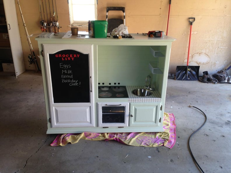 They added doors and finished the fridge door with chalkboard paint.