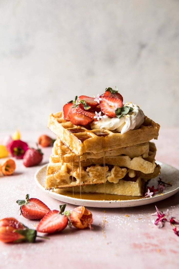 Overnight Waffles With Lemon Cream and Strawberries