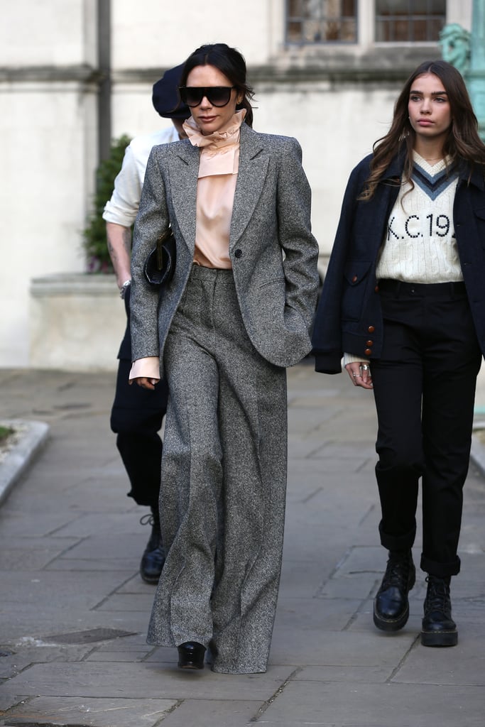 Victoria Beckham Gray Suit With Brooklyn Beckham Girlfriend