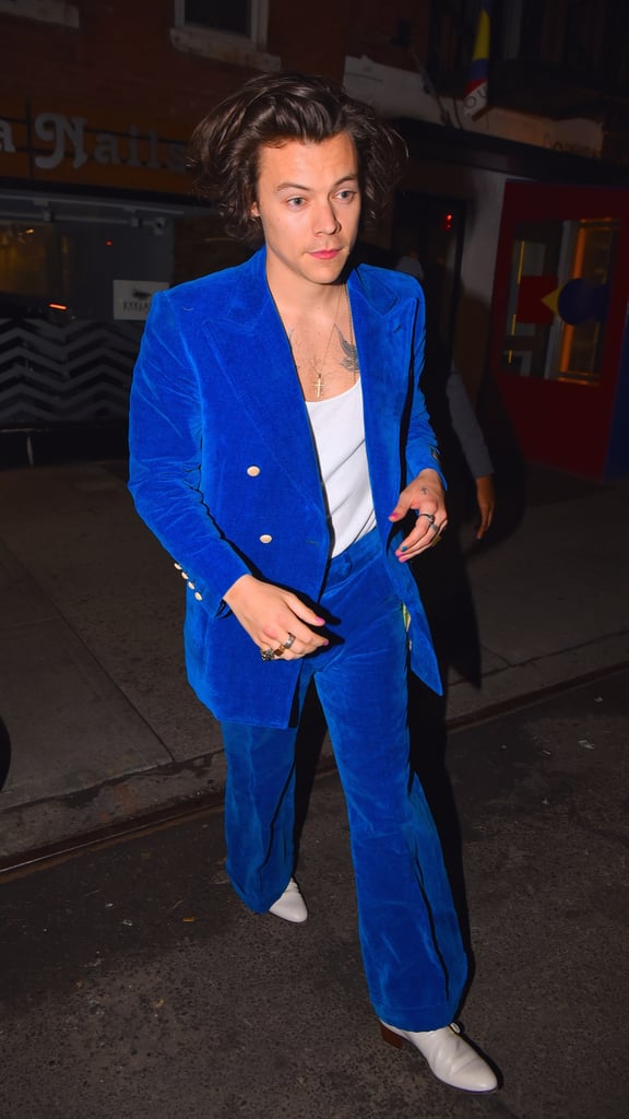 Styling a blue velvet suit with white boots in 2019.