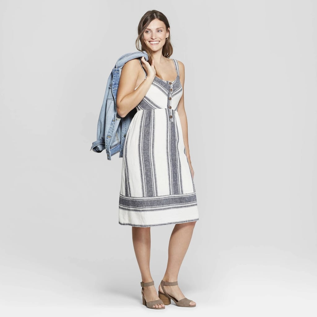 Sleeveless V-Neck Striped Button Front Midi Dress