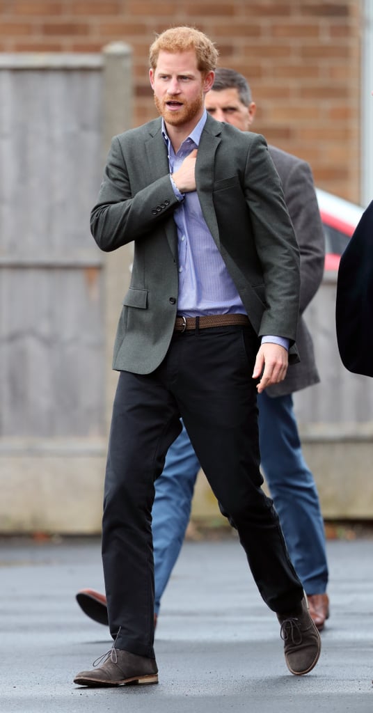 He wore a khaki blazer when he visited the St Michael's on Wyre village hall in October 2017.