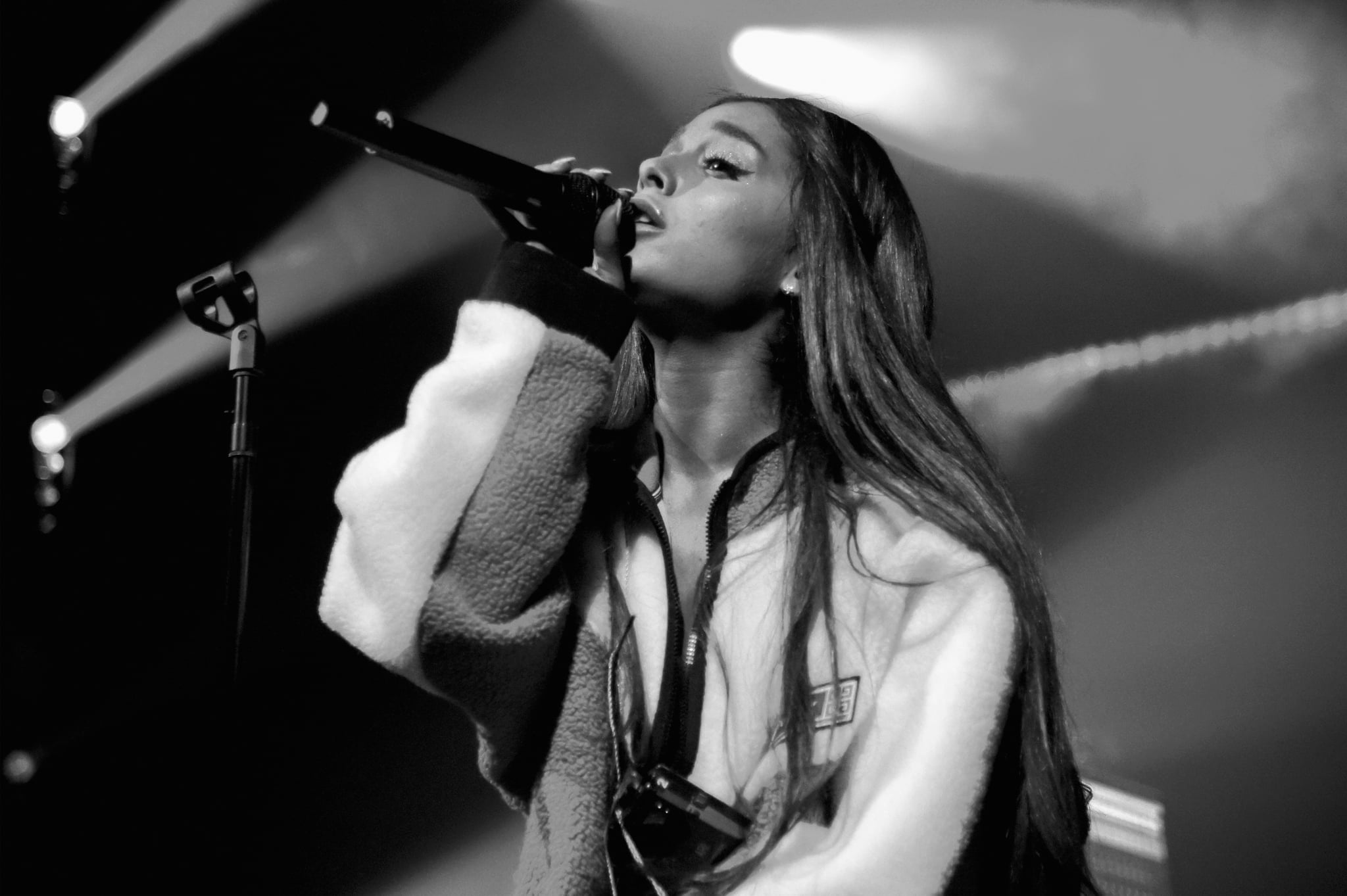 NEW YORK, NY - AUGUST 20:  (EDITOR'S NOTE: Image has been converted to black and white) American Express and Ariana Grande present 