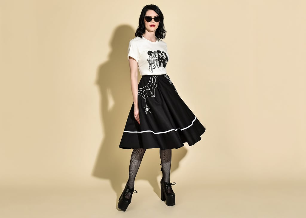 Ivory Ghoul Gang Short Sleeve Tee ($32) and 1950s Style Black Miss Muffet Embroidered Swing Skirt ($62)