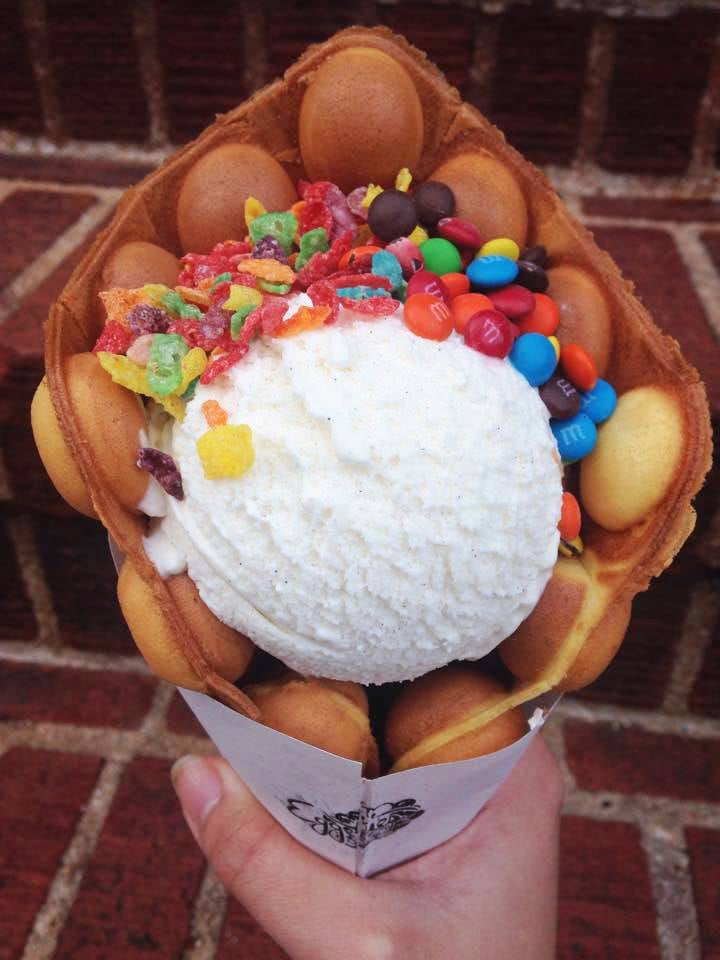 Eggette Cone With Vanilla Ice Cream, M&M's, and Fruity Pebbles