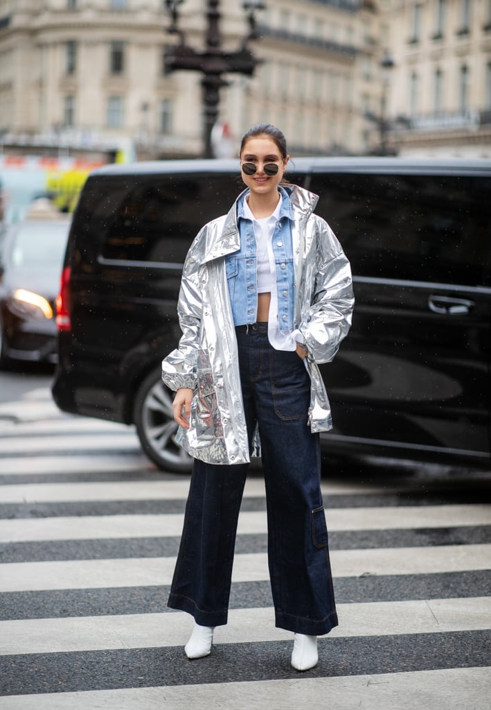 Set off dark denim wide leg with a lighter denim jacket.