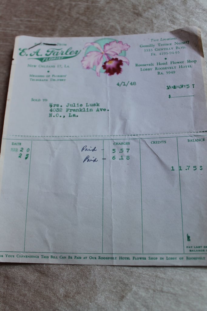 Flower Shop Receipt From 1948