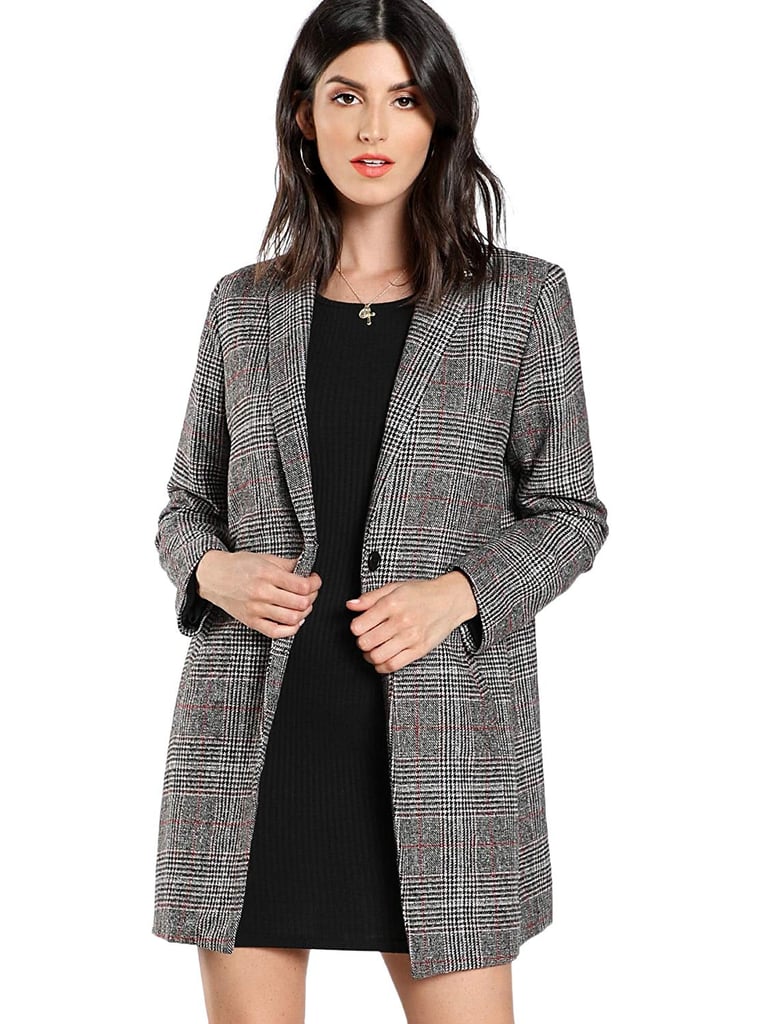 SheIn Womens Lapel Collar Coat Long Sleeve Plaid Blazer Outerwear