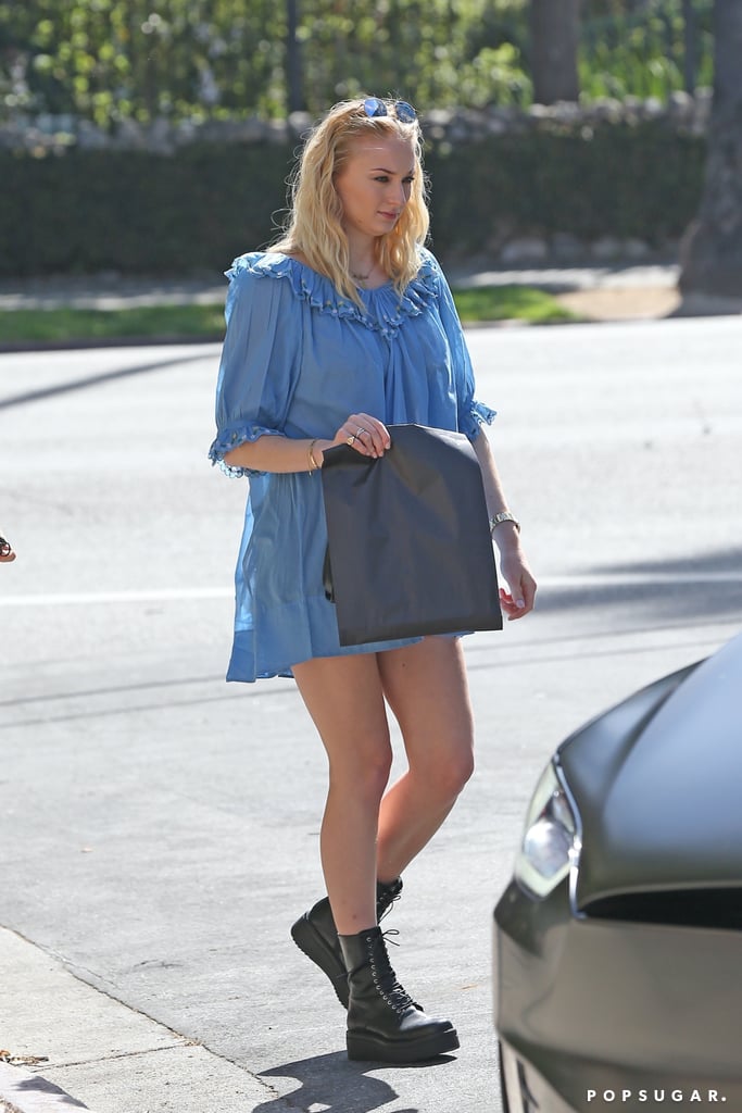 Sophie Turner Wearing Blue Minidress, Combat Boots With Joe