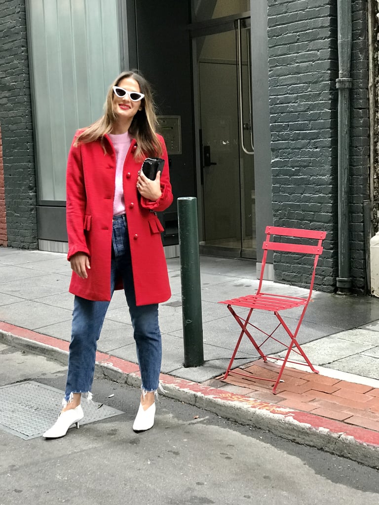 Red Wool Coat: Ready For the Weekend in a Bold Sweater and White Booties