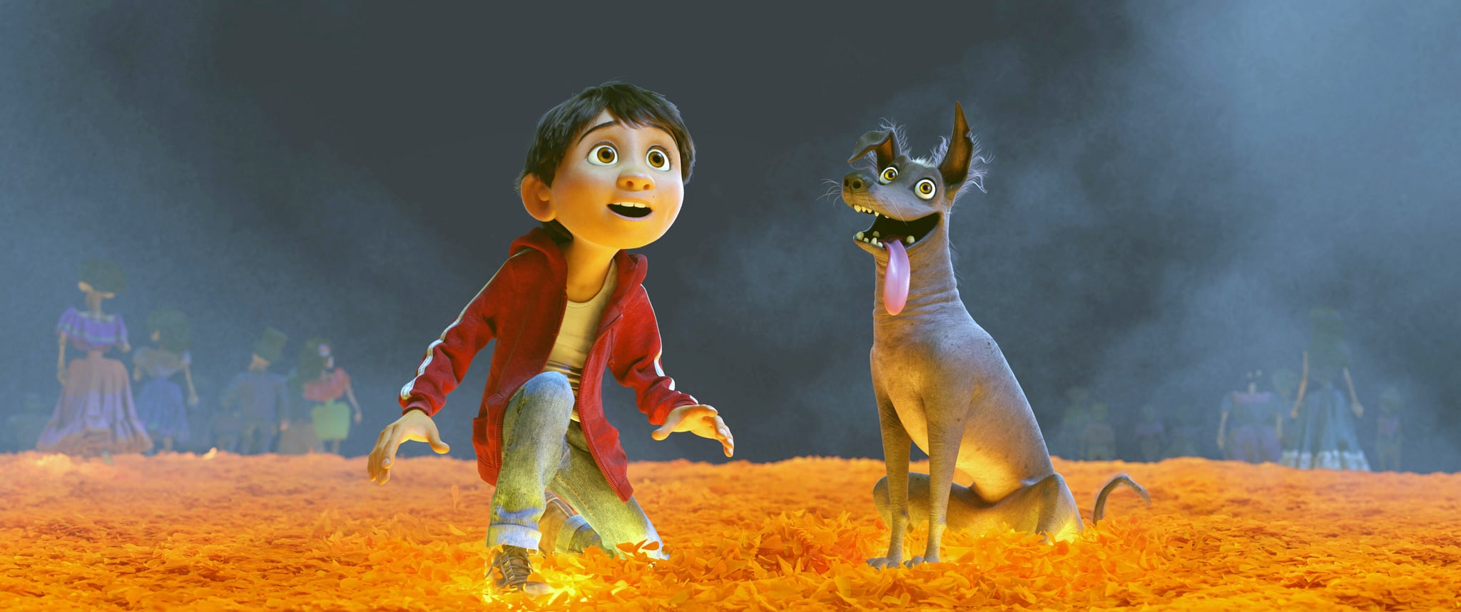 COCO, from left: Miguel (voice: Anthony Gonzalez), Dante, 2017.  Walt Disney Studios Motion Pictures /Courtesy Everett Collection