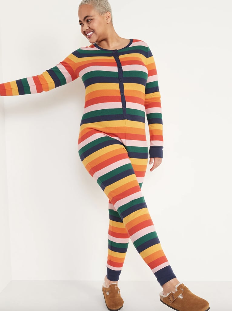 Rainbow Stripes Matching Printed Thermal-Knit One-Piece Pajamas