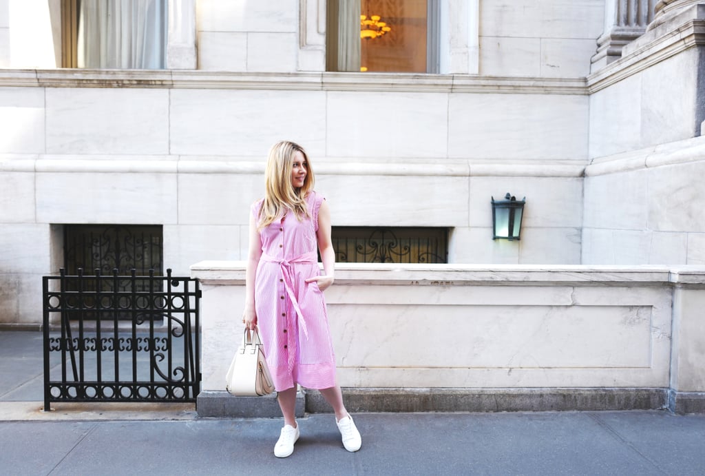 For a casual take, I swapped my mules for sneakers, and I layered on a few dainty necklaces for a personal touch.