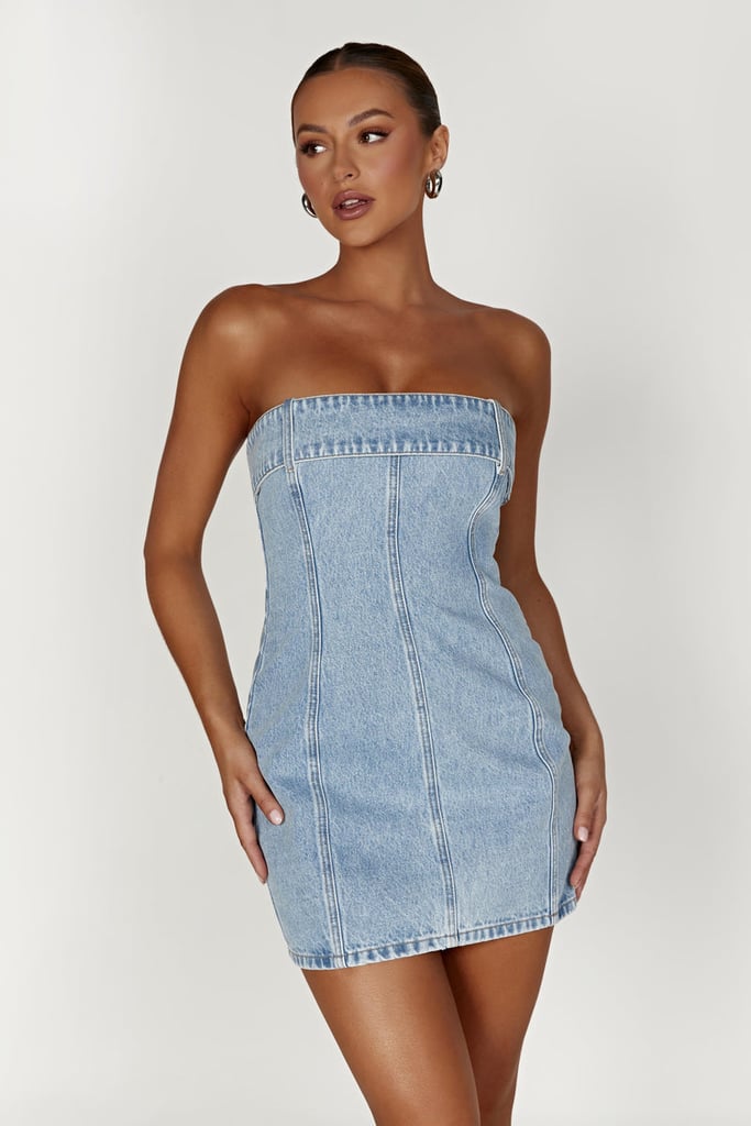 Meshki Teddi Denim Minidress in Mid Blue