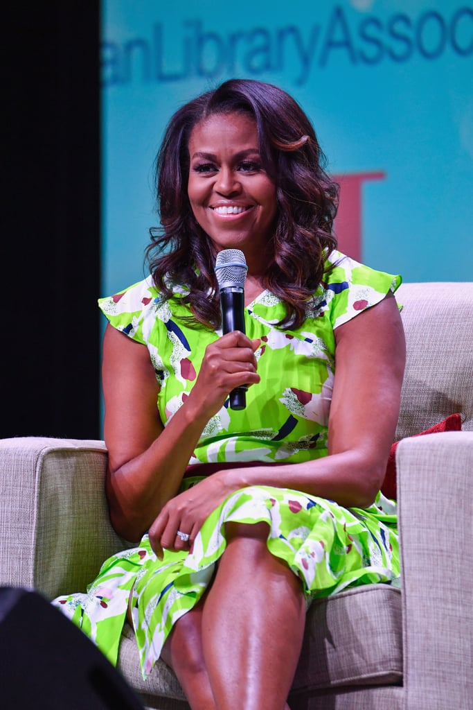 Michelle wore an electric yellow-green Tanya Taylor dress while making an appearance at the 2018 American Library Association Annual Conference in New Orleans.
