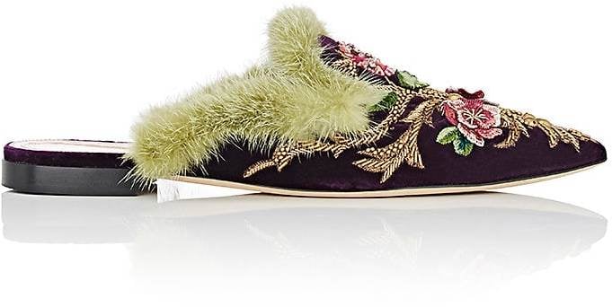 Alberta Ferretti Floral-Embroidered Velvet Mules