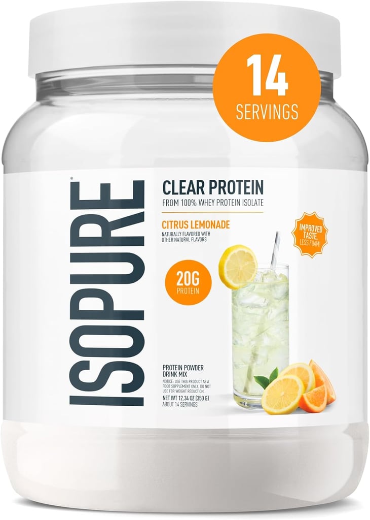 Isopure Clear Whey Isolate Protein Powder ($35)
"For my daily protein shakes, I have long been committed to clear protein and clear protein only, and none of them hit quite like the first to ever do it. Isopure is unquestionably delicious, refreshing, and dissolves completely--no clumping! It hovers at a higher price point than some, but with good reason--because of its extra filtration, you get a higher, purer concentration of protein, with less than 1g of lactose per 100g as compared to its whey concentrate counterpart. With so many juicy flavors, you'll find yourself thirsty for your gym time routine!" — Caitlin Oates, editorial operations coordinator