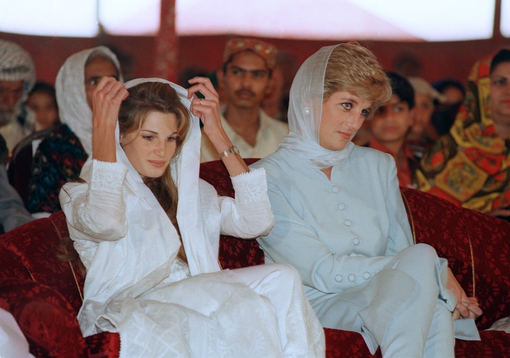 For a trip to Pakistan in 1996 Diana teamed her white head scarf with a porcelain blue Catherine Walker outfit.