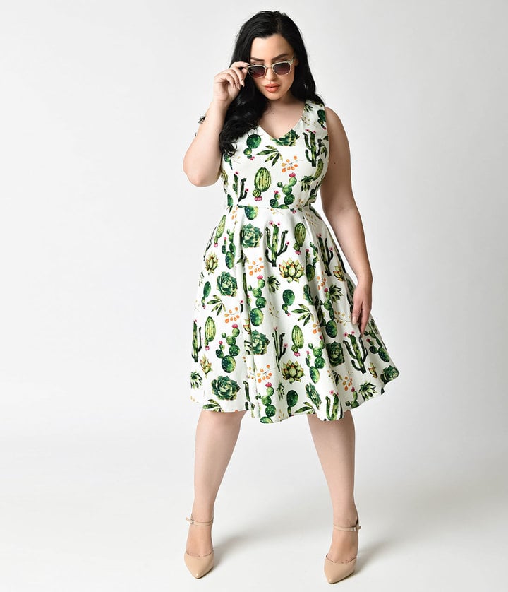 Unique Vintage Plus Size 1950s Style White & Green Cactus Print Sleeveless Swing Dress ($82)