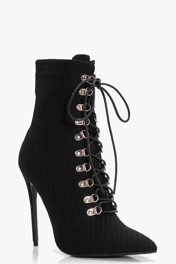 Boohoo Lucy Lace Up Pointed Toe Sock Boot