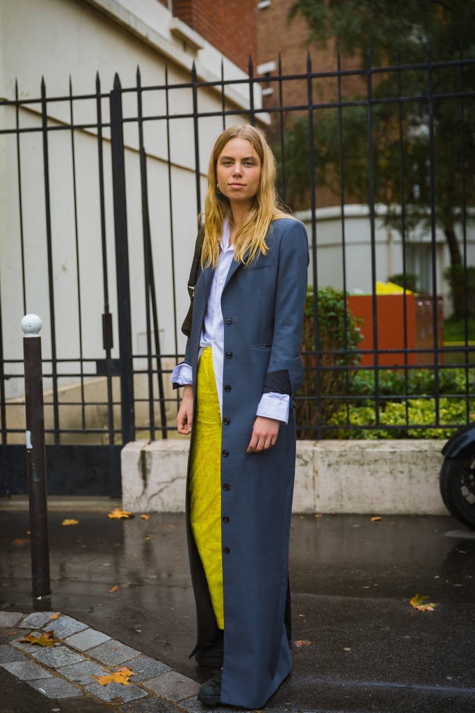 Wear a Long Coat With a Button-Down and a Colorful Skirt