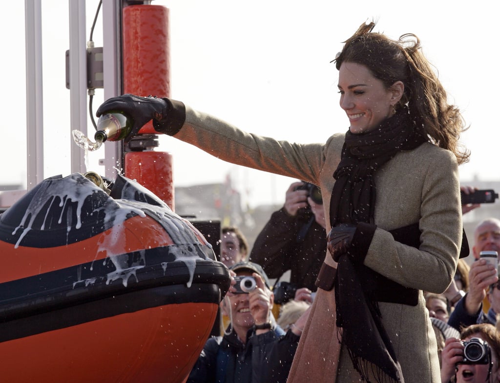 Kate Middleton sprayed Champagne over the bow of a dedicated lifeboat during a ceremony in Wales, UK, back in February 2011.