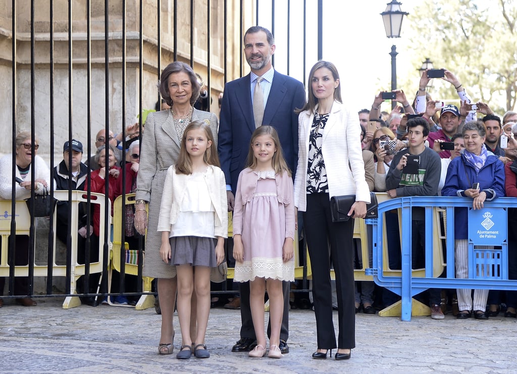 Queen Sofía, King Felipe VI, Queen Letizia, Princess Leonor, and Infanta Sofía photographed at Easter Mass at the Cathedral of Palma de Mallorca.