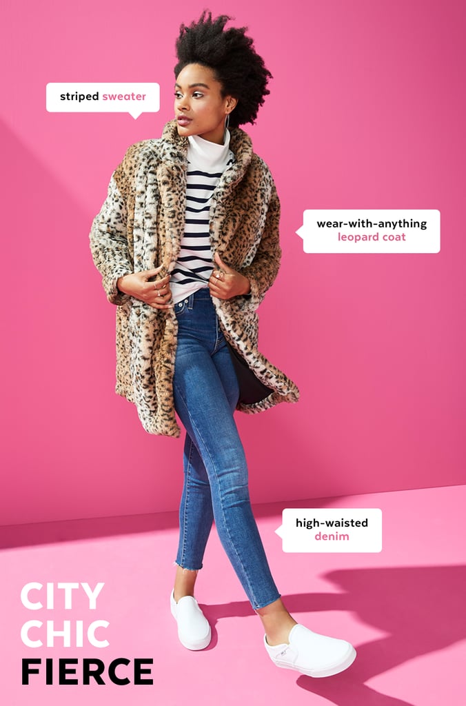 "Jeans, a sweater, and a coat may be a generic Fall outfit formula, but that's actually why I love it so much. It gives you plenty of room to put your own individual spin on it, whether that means exploring trends or experimenting with textures and colors. For me, that translates to incorporating one standout trend, like leopard print, and one visual statement, like pattern mixing. 
You could literally wear and rewear this formula every single day and take a different approach each time — no one would ever notice it's the same combo! If today is all about pattern mixing with the striped sweater and leopard coat, tomorrow could be all about monochromatic dressing with a puff-sleeve sweater and a cropped puffer coat in the same hue as the sweater." — Stephanie Nguyen, style editor