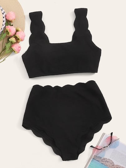 Shein Scallop-Trim High-Waisted Textured Bikini Set