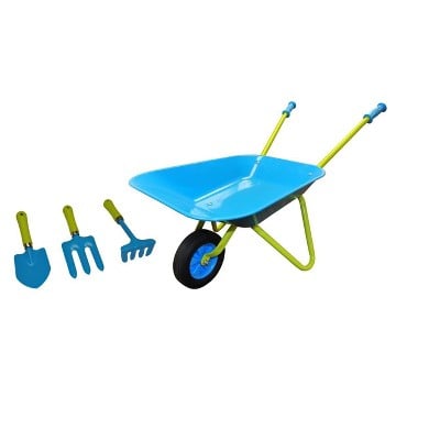 wheelbarrow and garden tool set