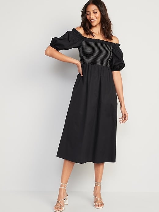 Old Navy Fit & Flare Off-the-Shoulder Puff-Sleeve Smocked Cotton-Poplin Midi