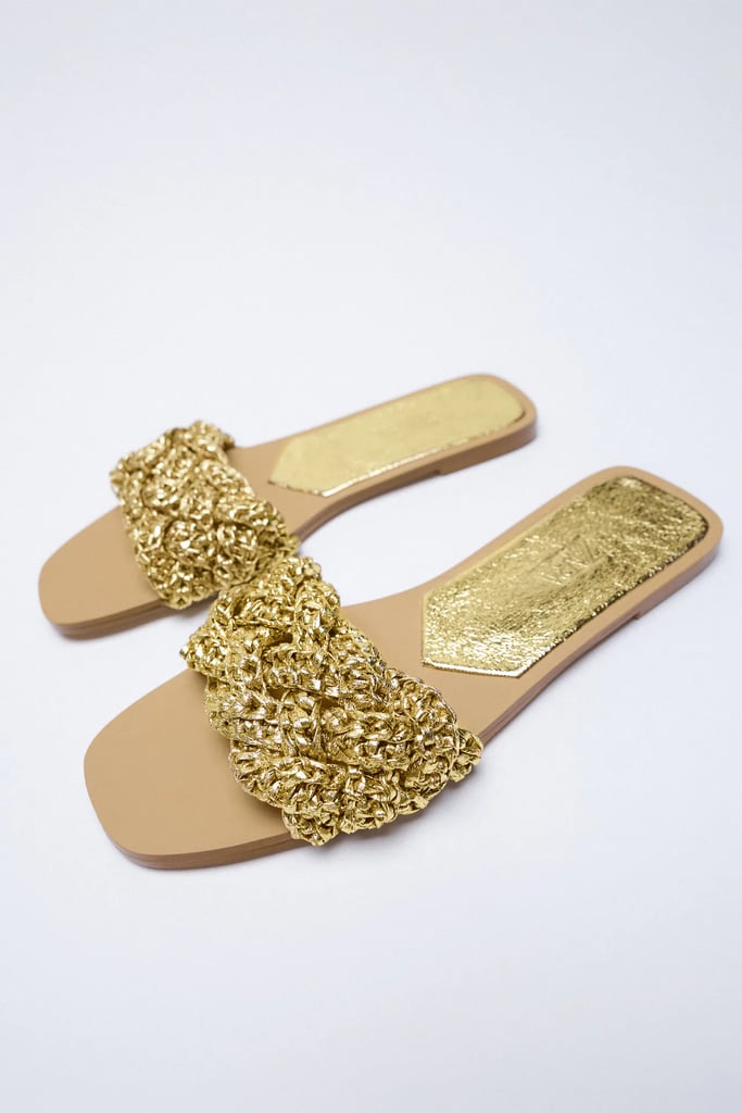 Zara Low Heel Woven Metallic Sandals