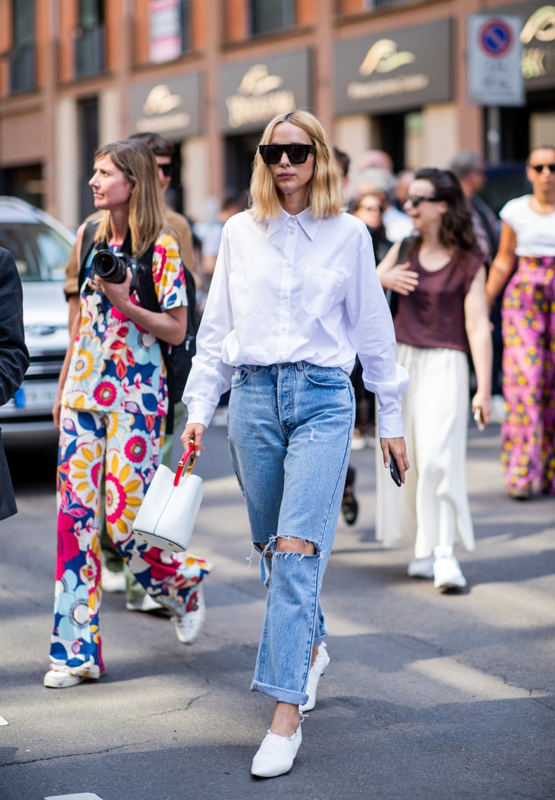 With a Button-Down Shirt, Glove Pumps, and a Bucket Bag