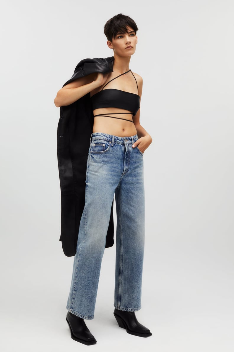 Kaia x Zara Baggy Jeans and Leather Crop Top