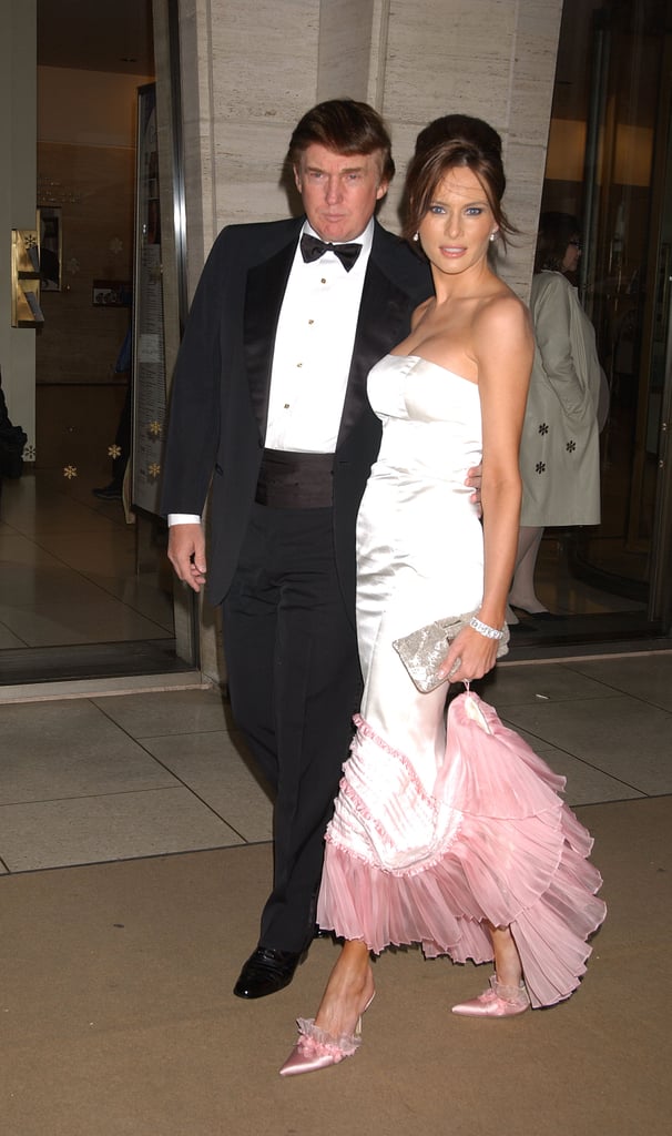 Melania's boudoir look was complete with a pink ruffled trim and matching shoes at the 2003 American Ballet opening at Lincoln Centre in New York.