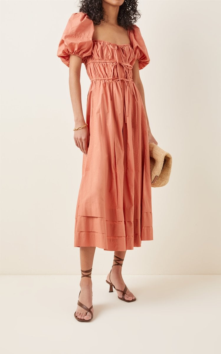 Coral — Ulla Johnson Palma Tie-Detail Cotton Midi Dress