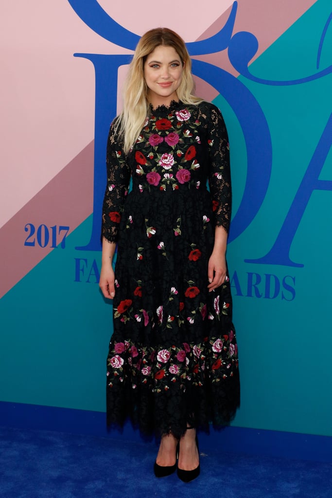 Ashley Benson chose a floral-embroidered Kate Spade dress for the 2017 CFDA Awards.