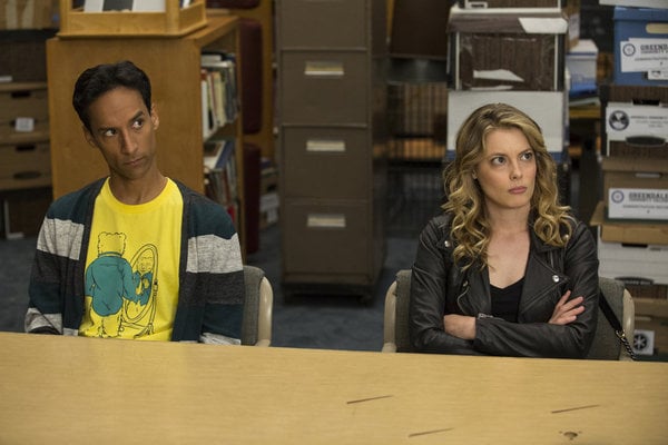 Abed (Pudi) and Britta (Jacobs) on Community's season premiere.