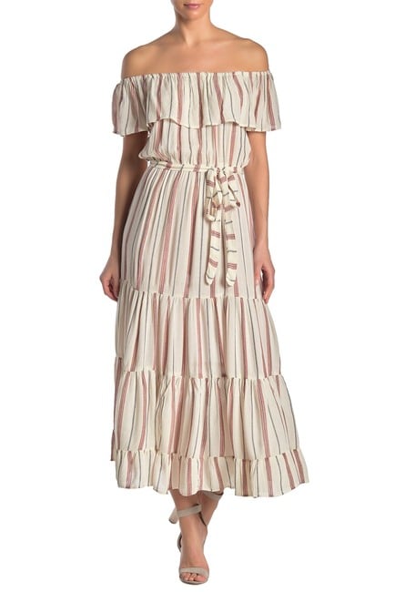 Nostalgia Apparel Off-the-Shoulder Ruffle Stripe Maxi Dress