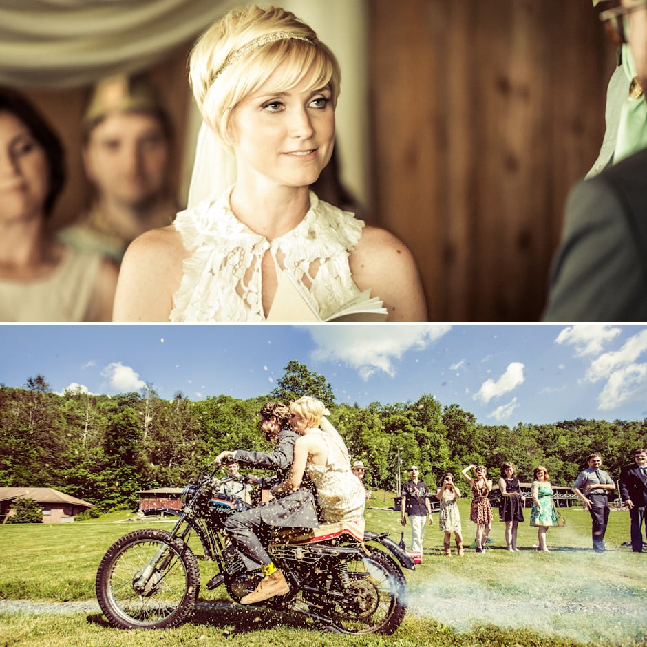 What was your favorite moment from the day?
"The ceremony was my favorite part. Raun shocked me with his beautiful vows, and the ceremony was fun and interactive and very much us — revolving around our ability to be our own unique selves, together.
"I also loved riding off on the motorcycle postceremony. The motorcycle we rode off on was significant because it was a project that Raun restored in honor of his dad (who passed away — it was his bike that he never got working), and we rode it to have a little piece of him there."
Do you have any advice for other brides-to-be?
"Make the ceremony feel like you. Talk to your officiant about your relationship and what you both mean to each other, and craft your vows around your feelings. In the midst of all the planning of the food and booze and goody bags, you forget that everyone is really there to see you two declare your love, and that really is the most special part. Oh, and hire an amazing photographer(s)!"
Photos by M and E Photo Studio