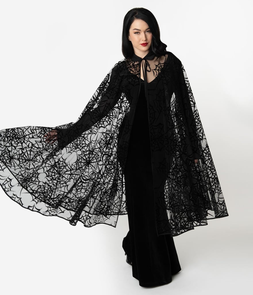 Unique Vintage Black Mesh and Velvet Spiderweb Clarke Long Cape