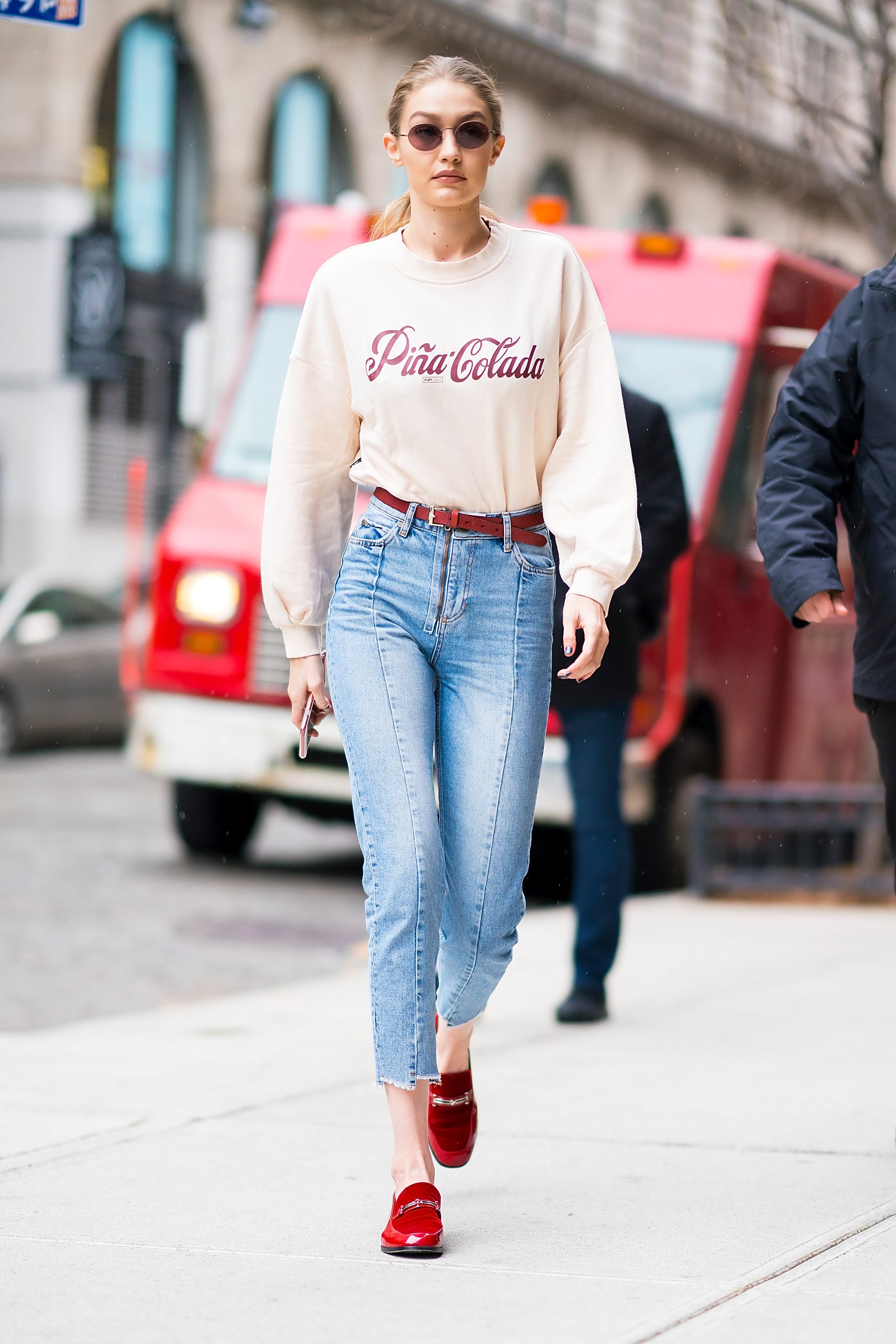 Gigi Hadid Pina Colada Sweatshirt and Red Shoes For Less - The Budget Babe