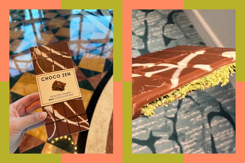 Designed Image of Choco Zen Dubai Chocolate Bar and Close Up of Inside of Chocolate Bar