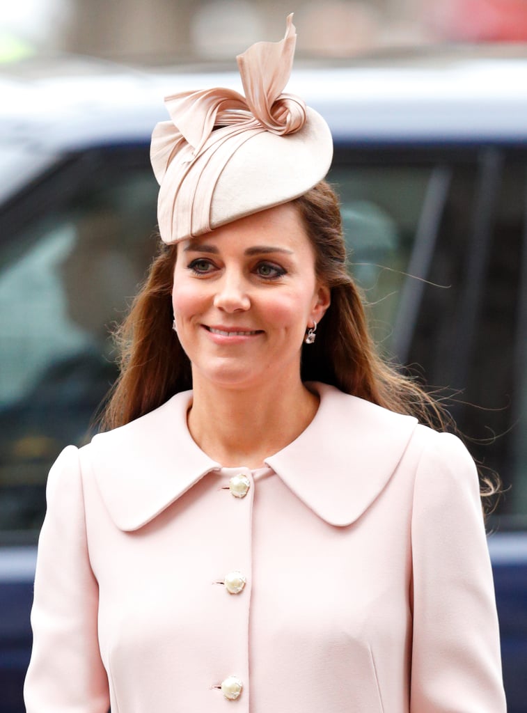 Kate accessorized her petal pink Alexander McQueen coat with a Jane Taylor hat at the Commonwealth Observance Service in 2015.